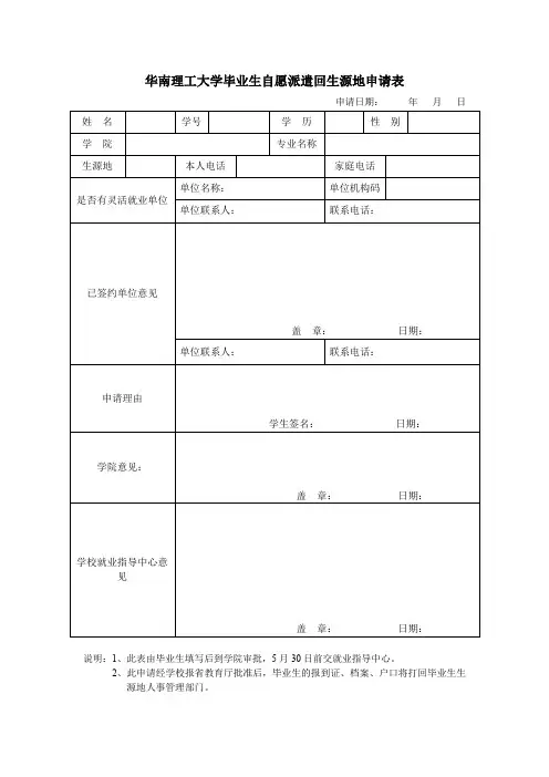 华南理工大学毕业生自愿派遣回生源地申请表