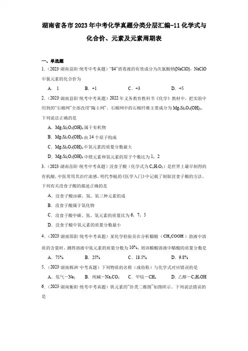 湖南省各市2023年中考化学真题分类分层汇编-11化学式与化合价、元素及元素周期表(含解析)
