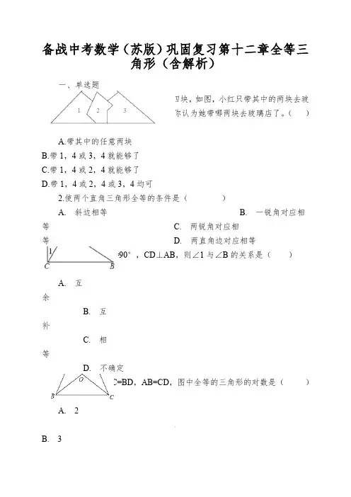 备战中考数学(苏版)巩固复习第十二章全等三角形(含解析)