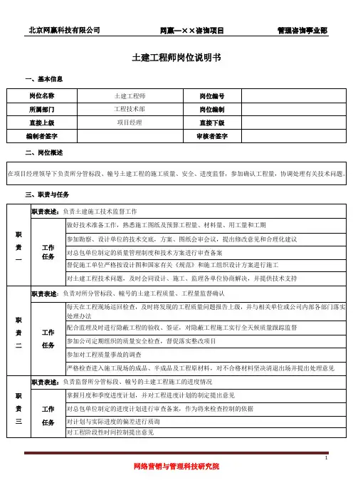 土建工程师岗位说明书(经典版)
