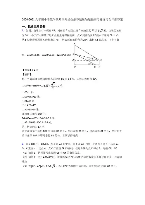 2020-2021九年级中考数学锐角三角函数解答题压轴题提高专题练习含详细答案