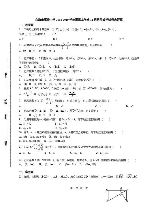乌海市高级中学2018-2019学年高三上学期11月月考数学试卷含答案