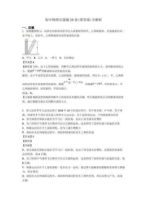 初中物理压强题20套(带答案)含解析