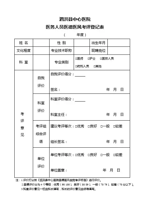 医务人员医德医风考评登记表