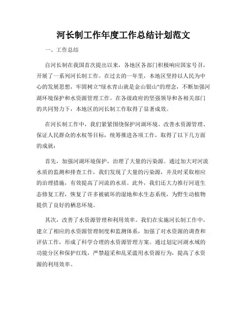 河长制工作年度工作总结计划范文