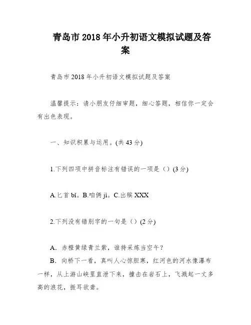 青岛市2018年小升初语文模拟试题及答案