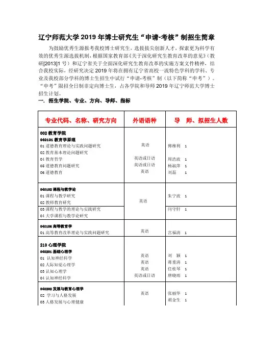 辽宁师范大学2019年博士研究生申请-考核制招生简章