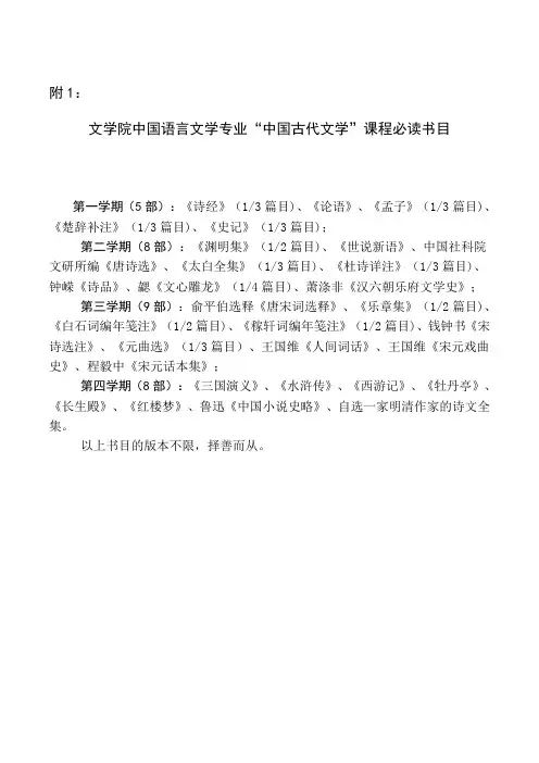 本科生古代文学课程必读书目和背诵篇目