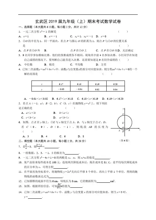 南京市玄武区2018-2019学年九年级上期末考试数学试题含答案