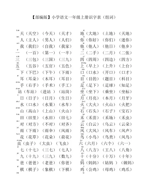 【部编版】小学语文一年级上册识字表(组词)