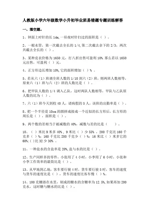人教版小学六年级数学小升初毕业班易错题专题训练解答