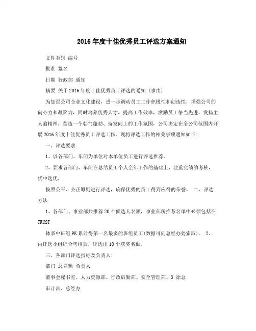 2016年度十佳优秀员工评选方案通知