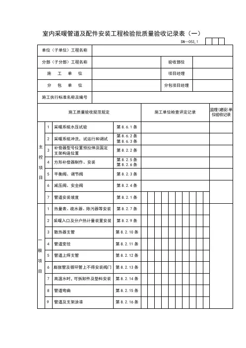 室内采暖管道及配件安装工程检验批质量验收记录表(一)