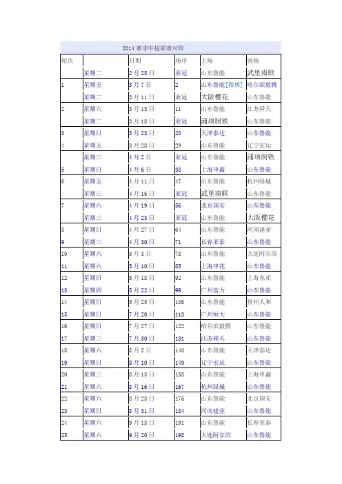 2014年山东鲁能泰山队中超及亚冠赛程表