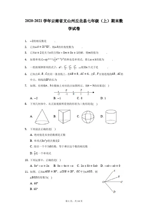 2020-2021学年云南省文山州丘北县七年级(上)期末数学试卷(附详解)