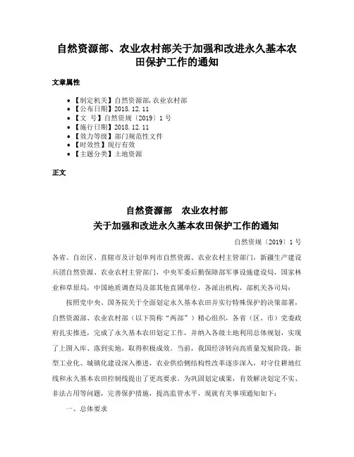 自然资源部、农业农村部关于加强和改进永久基本农田保护工作的通知