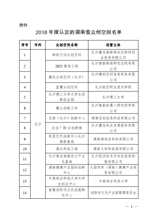 2018年度认定的湖南省众创空间名单