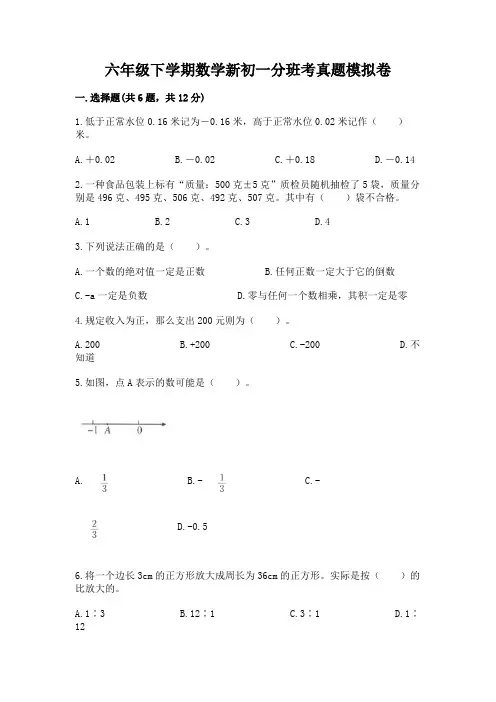 六年级下学期数学新初一分班考真题模拟卷附参考答案(实用)