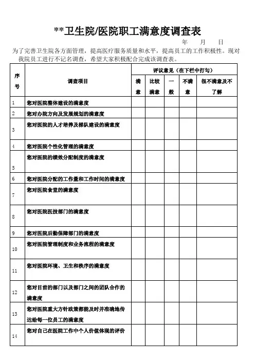 卫生院医院职工满意度调查表
