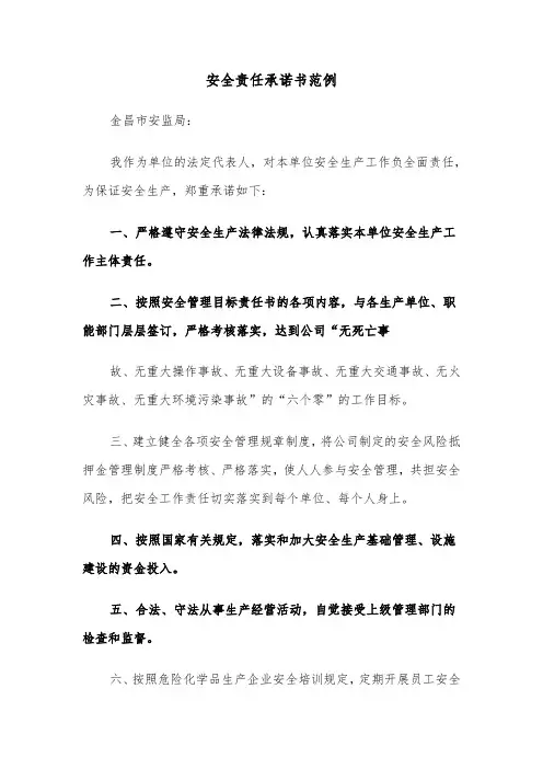 安全责任承诺书范例（3篇）