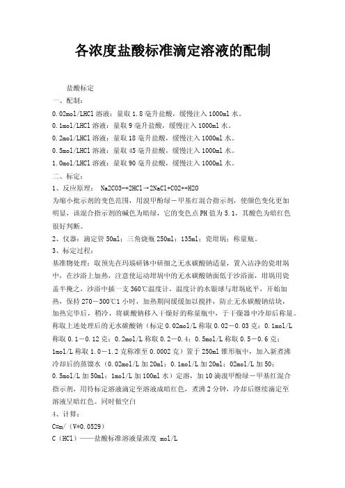 各浓度盐酸标准滴定溶液的配制