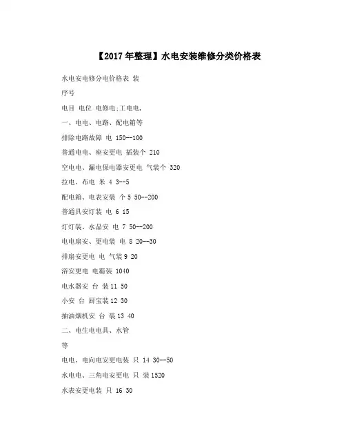【2017年整理】水电安装维修分类价格表
