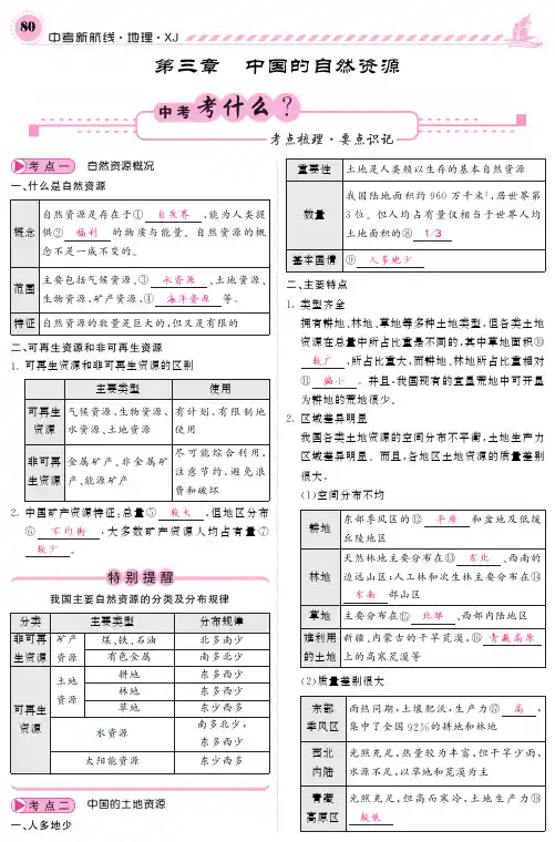 2018湘教版地理中考复习8八年级上册 第三章 中国的自然资源(pdf版)