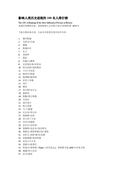 最具世界影响力的全球世界名人排行影响人类发展的100名人