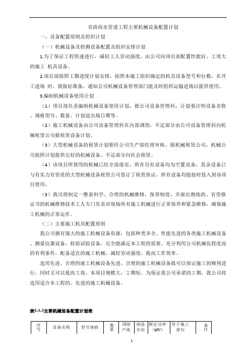 市政雨水管道工程主要机械设备配置计划