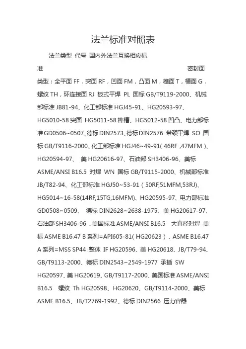 法兰标准对照表
