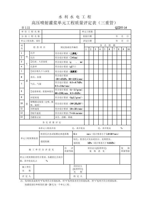 高压喷射灌浆单元工程质量评定表