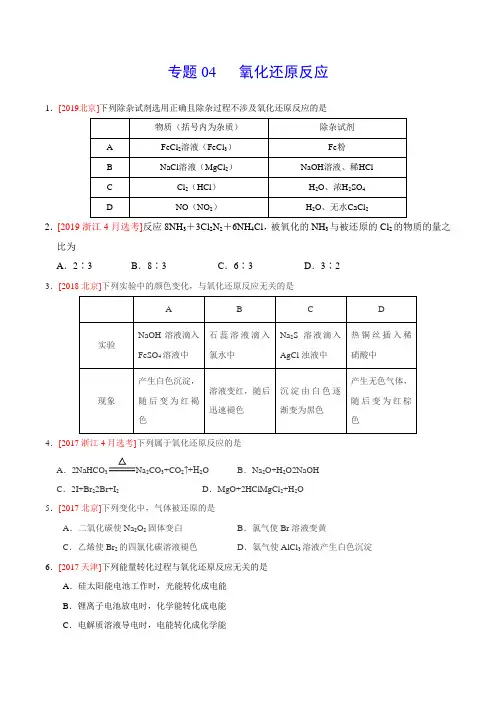 2019年高考化学真题分类汇编专题04 氧化还原反应(原卷版)