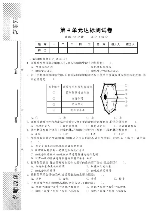 七年级生物下册 第4单元综合达标测试卷