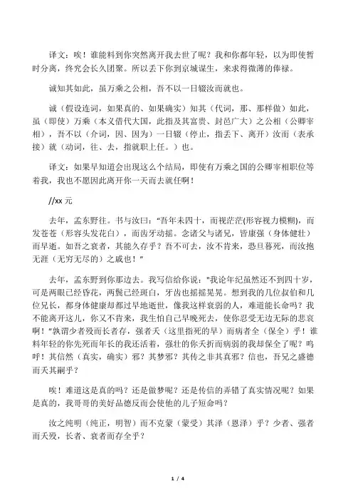 祭十二郎文字词翻译