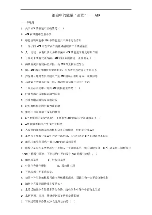 整合高中生物人教必修 细胞的能量“通货”——ATP同步练习 含答案