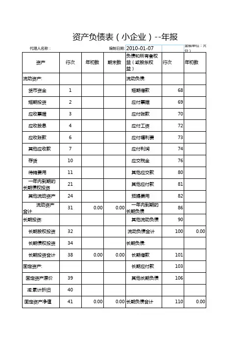 资产负债表(小企业年报)
