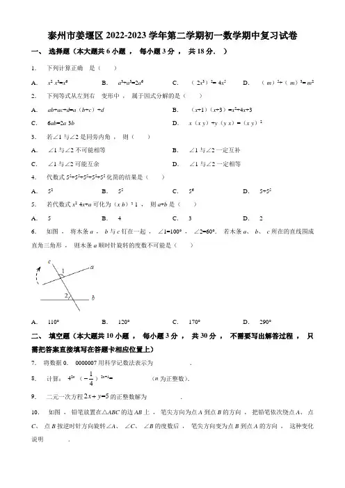 2022-2023学年第二学期泰州市姜堰区初一数学期中复习试卷及答案