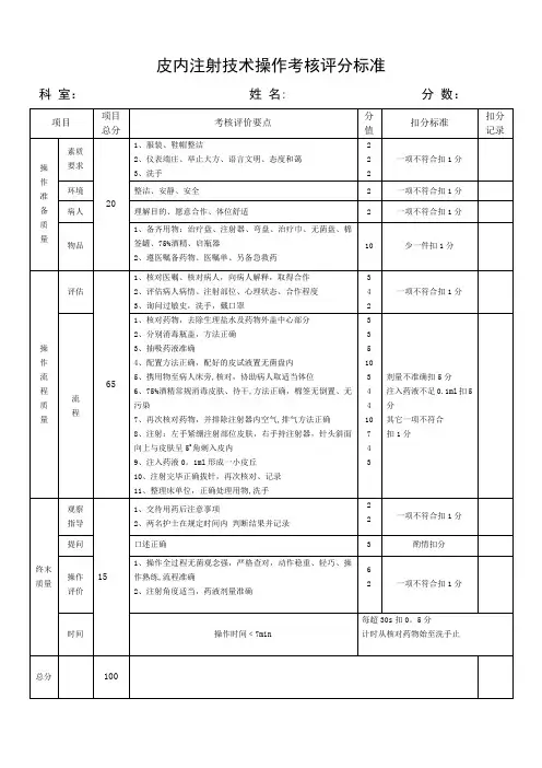 皮内注射技术操作考核评分标准