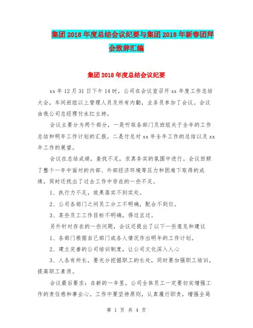 集团2018年度总结会议纪要与集团2018年新春团拜会致辞汇编.doc