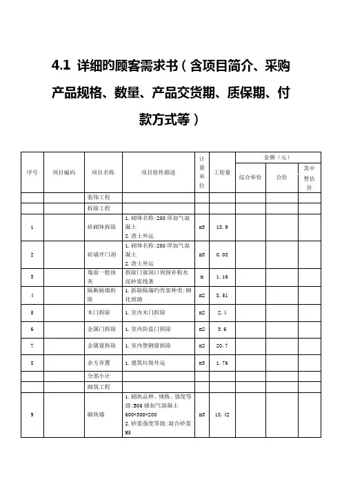 详细的用户需求书含项目简介采购产品规格数量