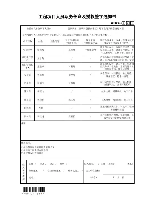 工程项目人员职务任命及授权签字通知书