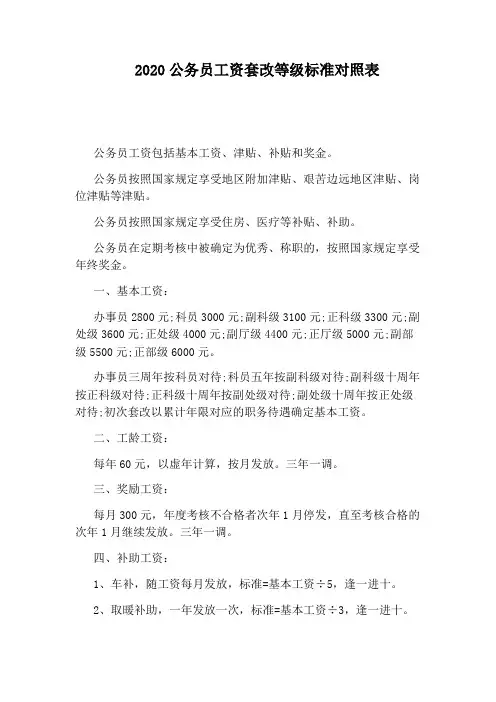 2020公务员工资套改等级标准对照表