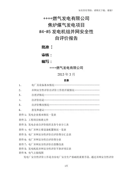 焦炉煤气发电项目发电机组并网安全性自评价报告
