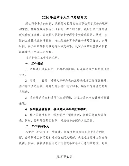 2024年出纳个人工作总结例文（七篇）