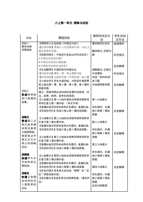 八上第一单元 侵略与反抗-精品教案-优质教学设计