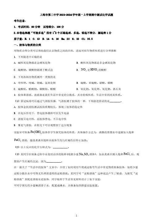 上海市第二中学2023-2024学年高一上学期期中测试化学试题与答案