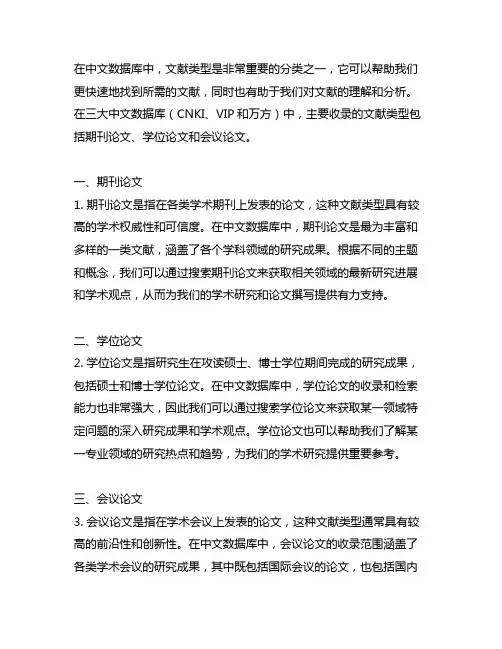 三大中文数据库主要收录文献类型