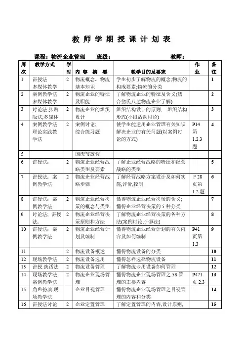 《物流企业管理》授课计划1