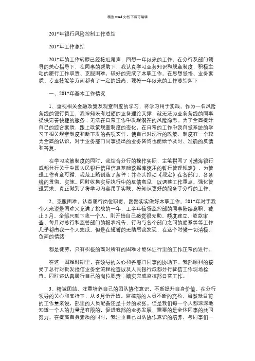 2021年银行风险控制工作总结