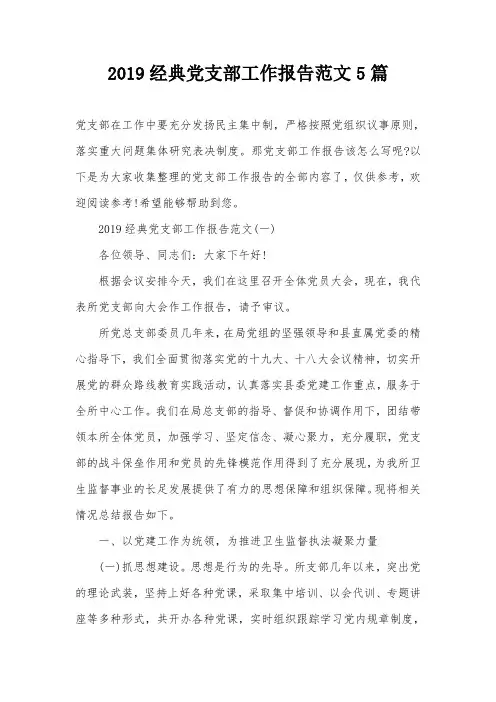 2019经典党支部工作报告范文5篇